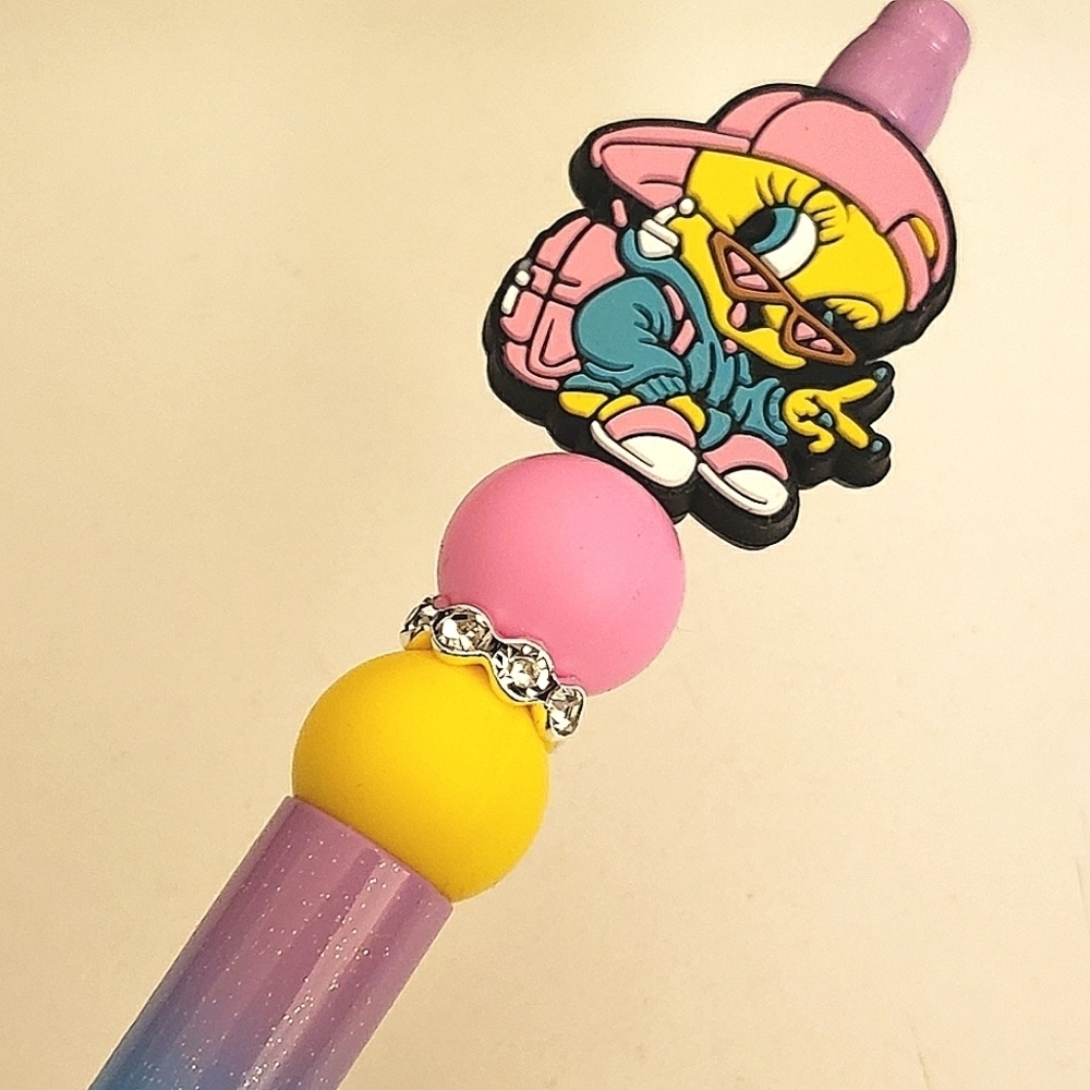 Handmade Glitter Rainbow Cool Tweety Bird Beaded Silicone Focal Bead Pen